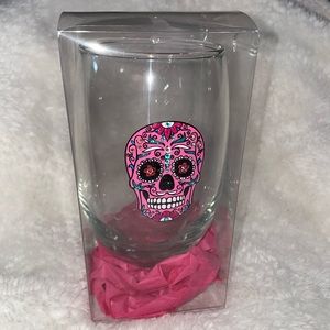 BLING GLITTER & SWAROVSKI CRYSTALS PINK & TEAL SUGAR SKULL STEMLESS WINE GLASS